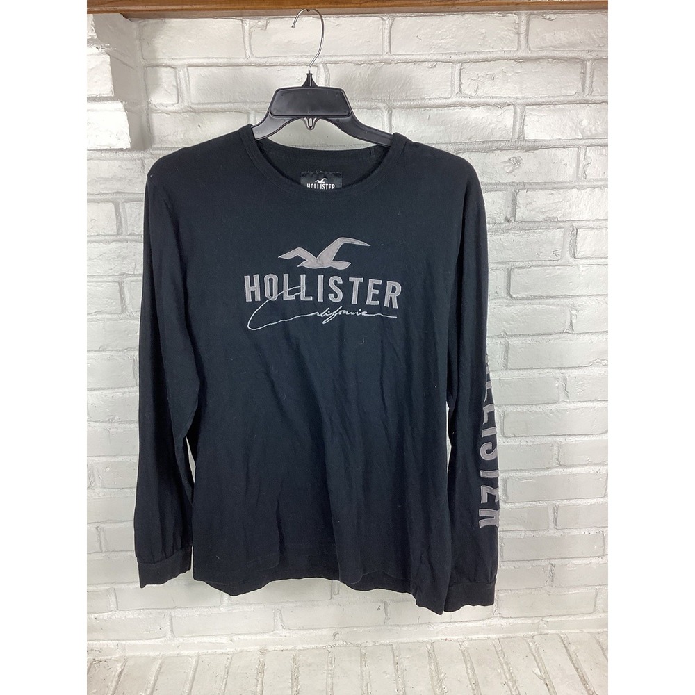 Hollister Mens XXL Black Long Sleeve Logo Graphic Tee Sleeve Spellout Cotton